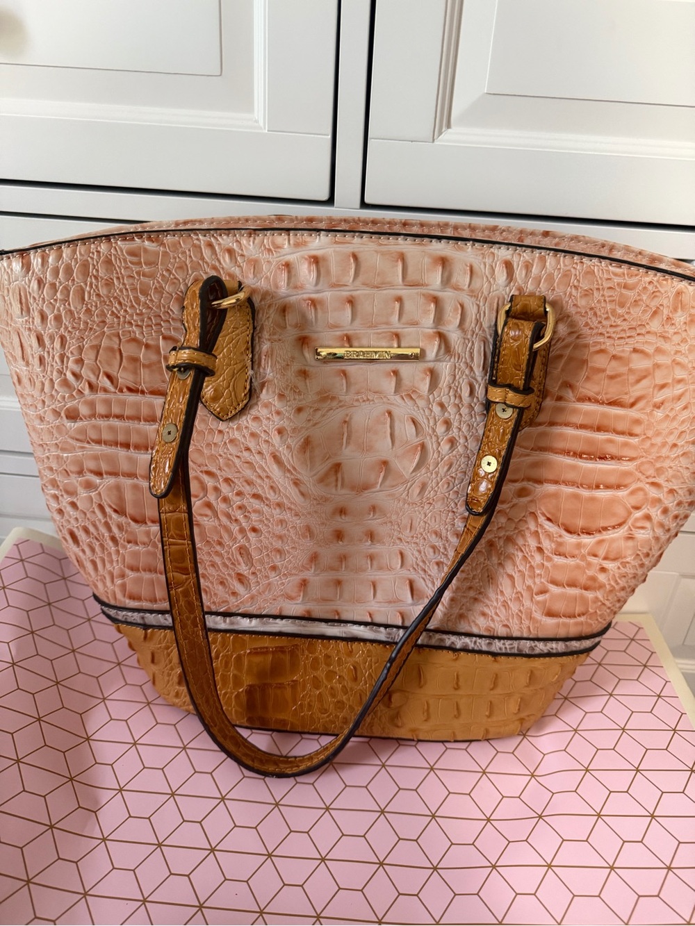 Brahmin Croc-Embossed Tote in Peach and Tan